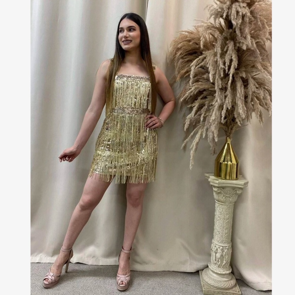 Gold Sequined Tassel Mini Short Dress Fringe Party - Picture 11 of 16